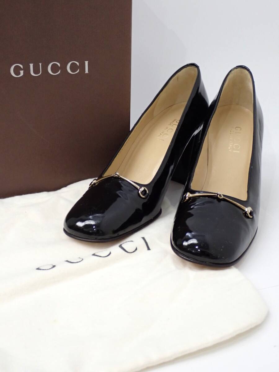 ⭐️GUCCI ブラック エナメル パンプス 39 26センチ 1円~☆GUCCI グッチ エナメル パンプス ホースビット スクエア