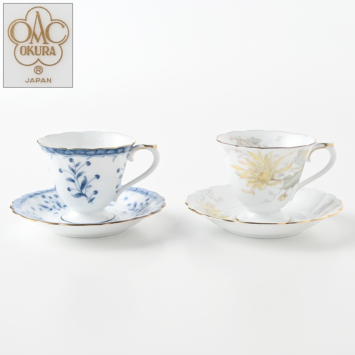 大倉陶園 金彩 カップ&ソーサー 呉須唐草文/糸菊文 計２客 口径約 85mm H約75mm ソーサー直径約140mm OKURA 高級磁器 洋食器 J