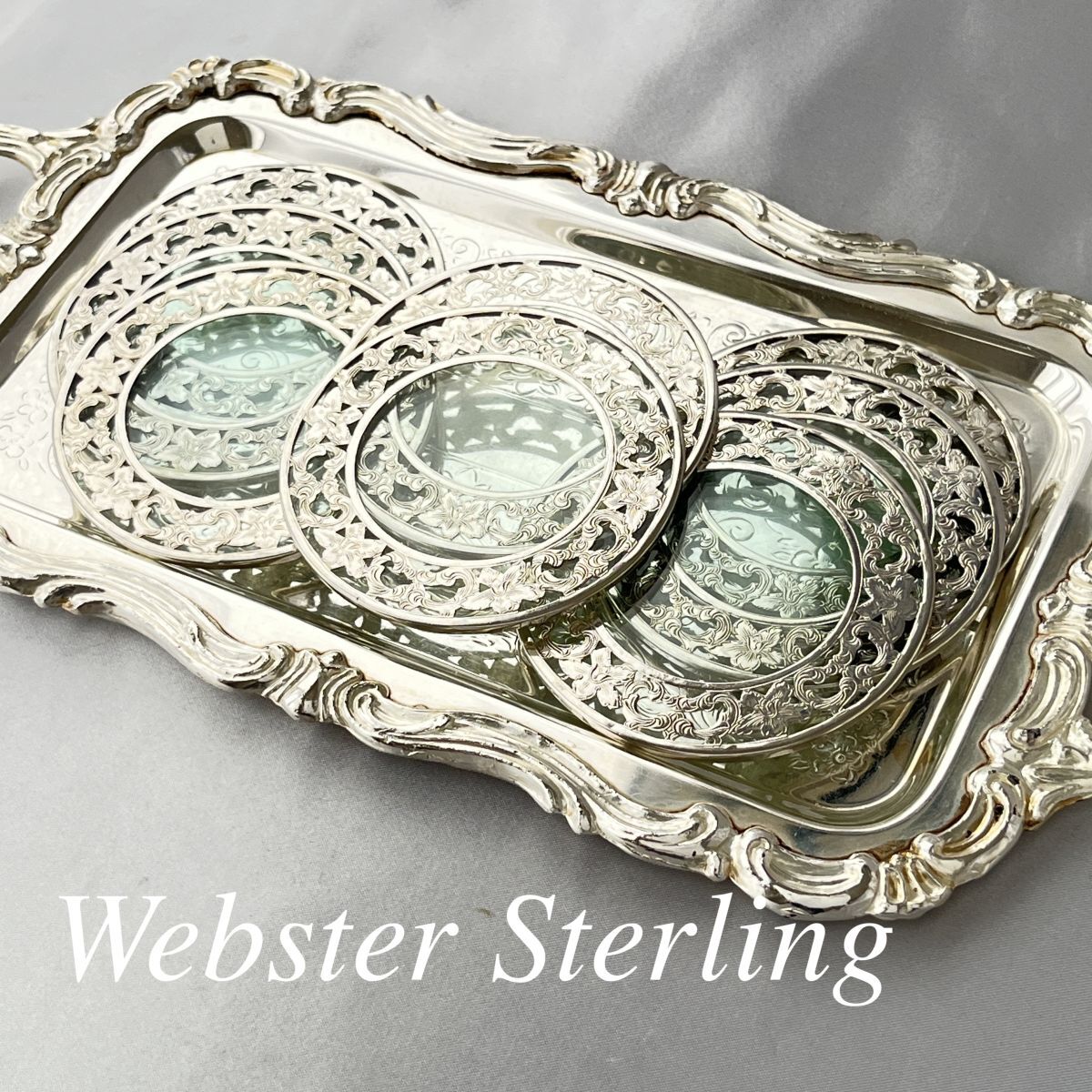 【WEBSTER】 【純銀 / ガラス】コースター 8枚 スターリングシルバー WEBSTER】 【純銀 / ガラス】コースター 8枚 スターリングシルバー