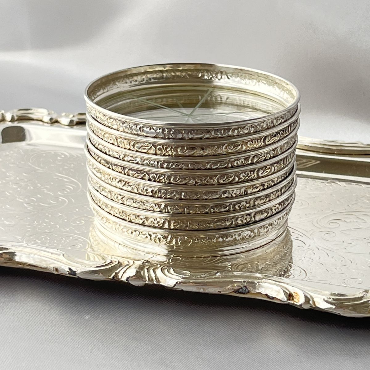 純銀 / ガラス】フローラルレリーフのワイングラスコースター 8