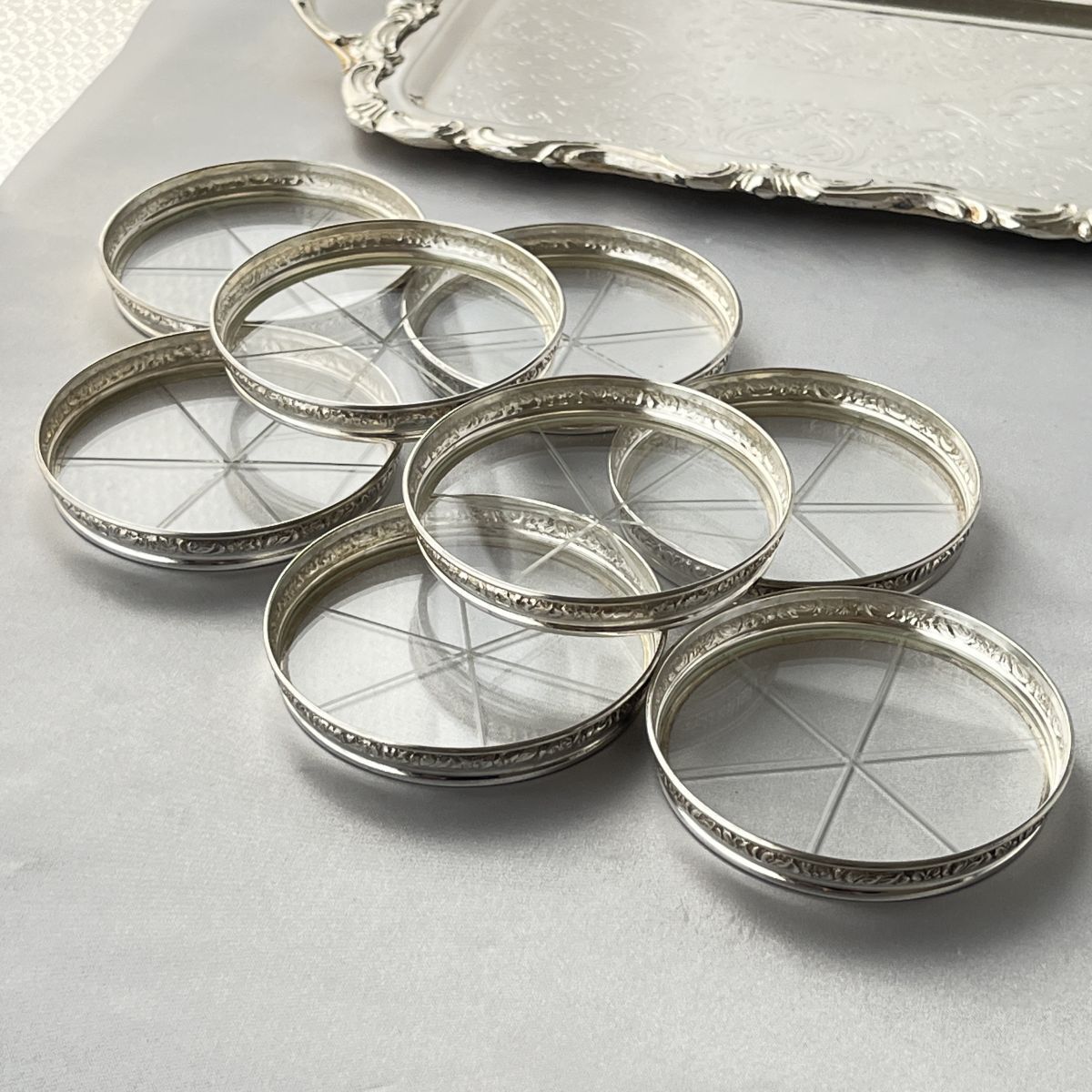 純銀 / ガラス】フローラルレリーフのワイングラスコースター 8