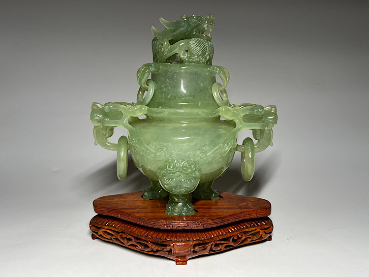 中国 玉石彫刻 玉器 装飾品 C 7846E 瑞】玉石彫刻 香炉 中国美術 台座付き 高さ:18cm(東洋彫刻