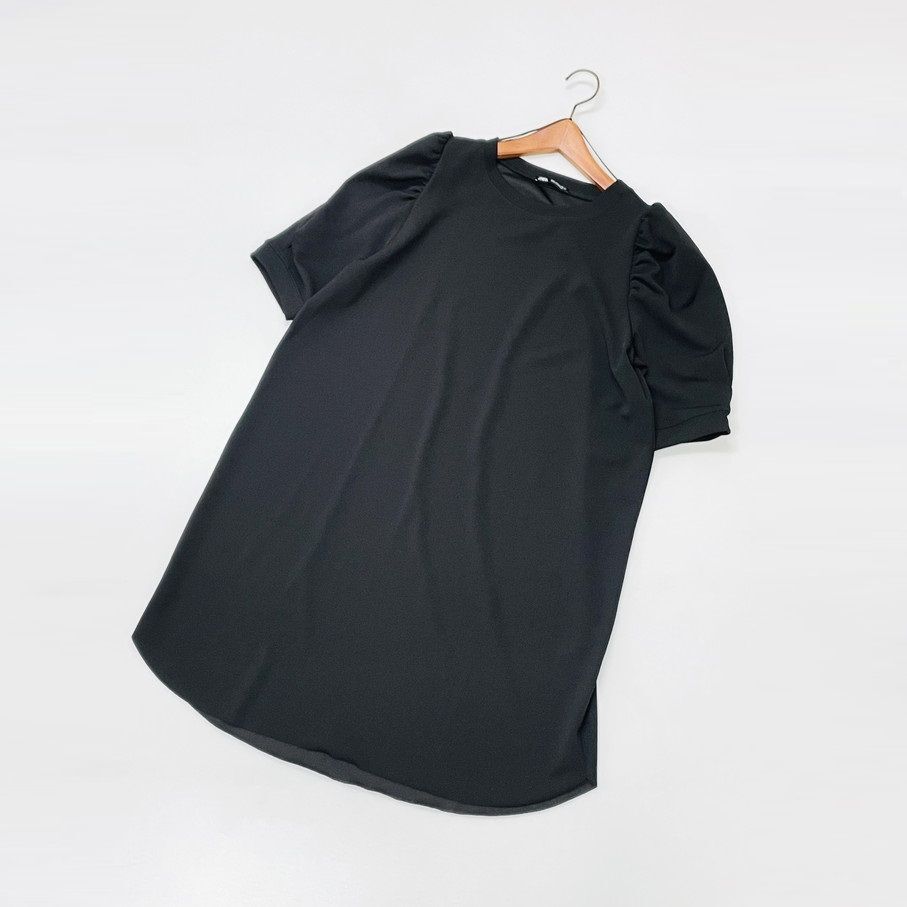 2セットまとめ売り ZARA /L/ ホワイト半袖Tシャツ ブラック パフスリーブワンピース トップスブルー刺繍ドレス生地コットンストレッチ ザラ