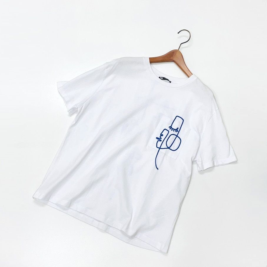 2セットまとめ売り ZARA /L/ ホワイト半袖Tシャツ ブラック パフスリーブワンピース トップスブルー刺繍ドレス生地コットンストレッチ ザラ