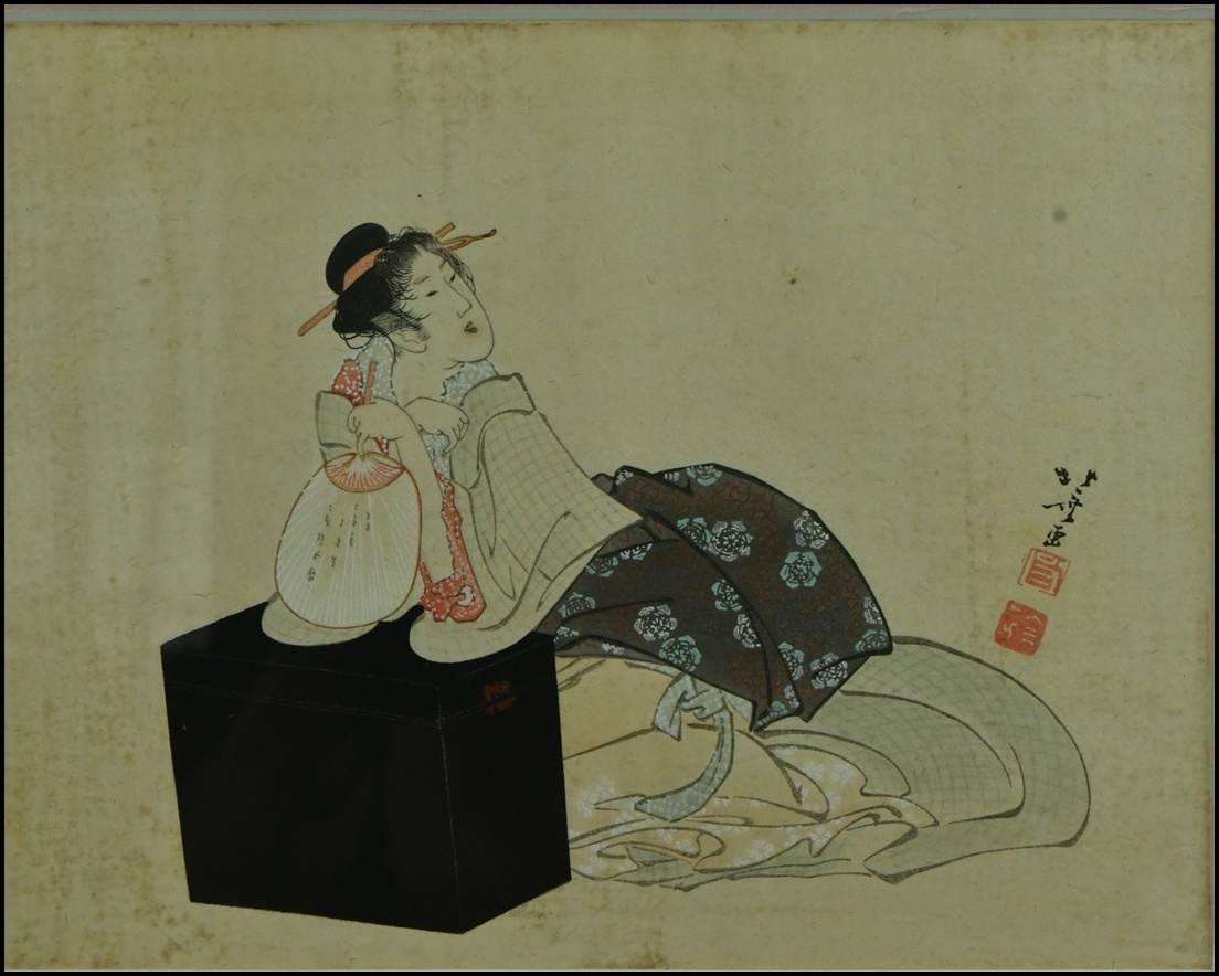 【ACT】浮世絵【葛飾北斎筆】(彫刻:秋山兼吉 色摺:猪腰美一】木版画『美人圖』壁飾 額装 幅44.2cm A7-722AL_画像2