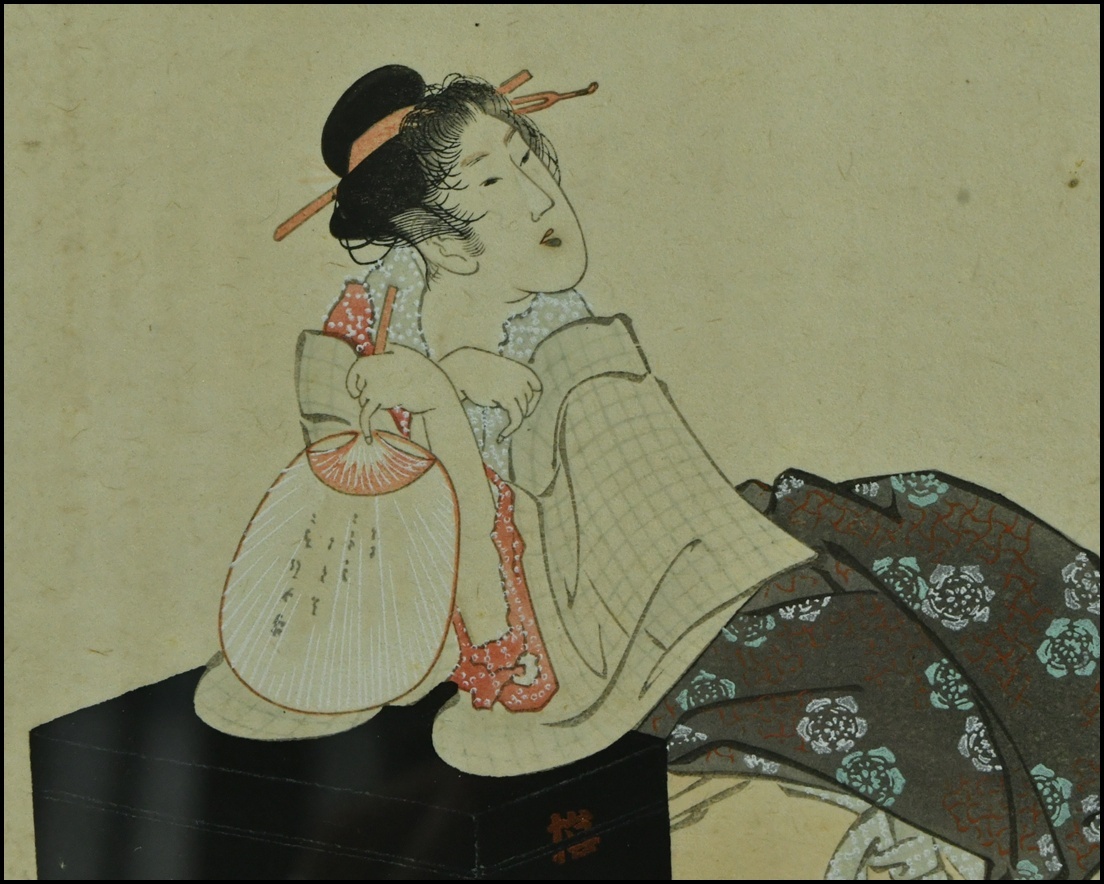 【ACT】浮世絵【葛飾北斎筆】(彫刻:秋山兼吉 色摺:猪腰美一】木版画『美人圖』壁飾 額装 幅44.2cm A7-722AL_画像3