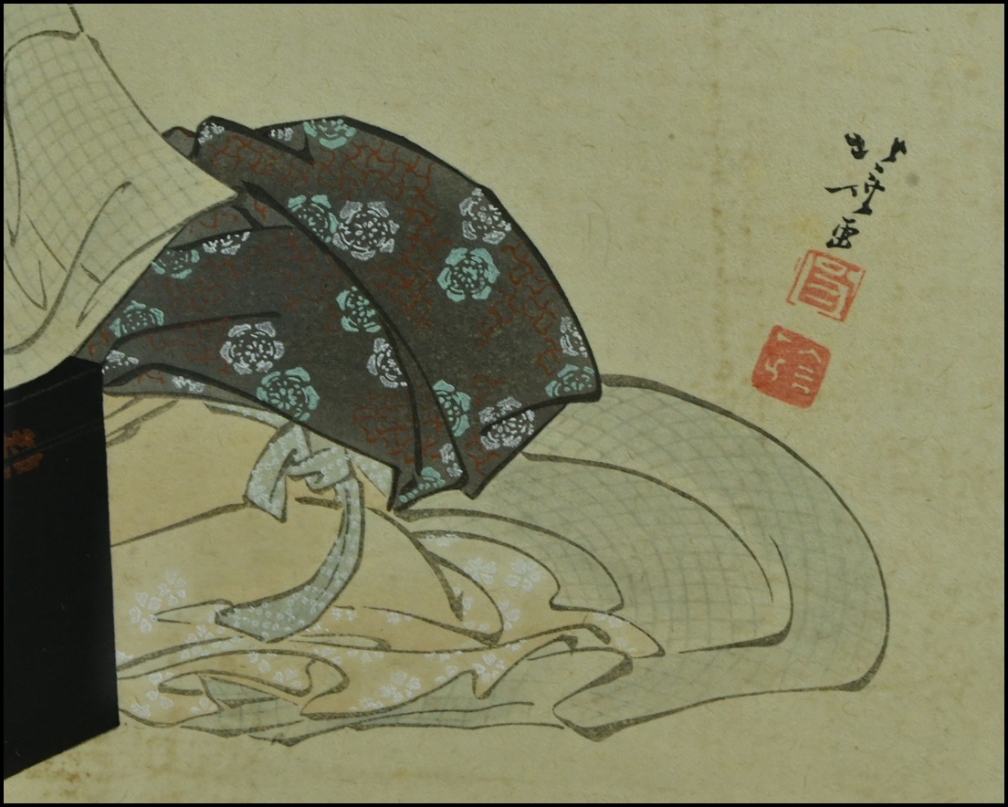 【ACT】浮世絵【葛飾北斎筆】(彫刻:秋山兼吉 色摺:猪腰美一】木版画『美人圖』壁飾 額装 幅44.2cm A7-722AL_画像4