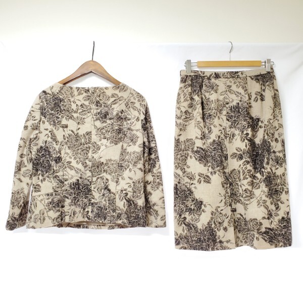 #wnc レリアン Leilian セットアップ 11 ベージュ こげ茶 ツーピース 植物柄 レディース [942219]