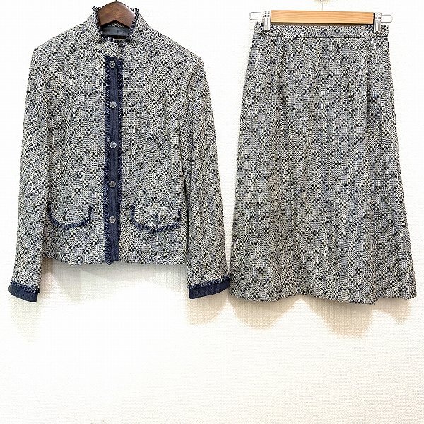 #anc レリアン Leilian セットアップ 9 青系 白 クリーム色 スカートスーツ ツイード デニム調 異素材 フリンジ レディース [888017]_画像1