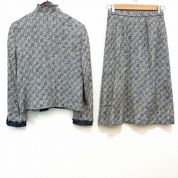 #anc レリアン Leilian セットアップ 9 青系 白 クリーム色 スカートスーツ ツイード デニム調 異素材 フリンジ レディース [888017]_画像2