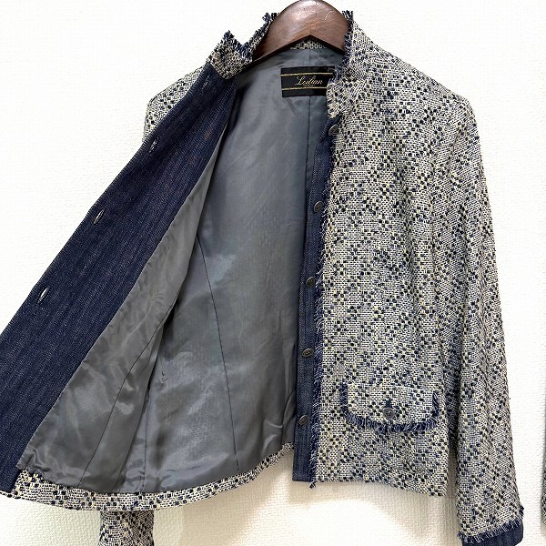 #anc レリアン Leilian セットアップ 9 青系 白 クリーム色 スカートスーツ ツイード デニム調 異素材 フリンジ レディース [888017]_画像4