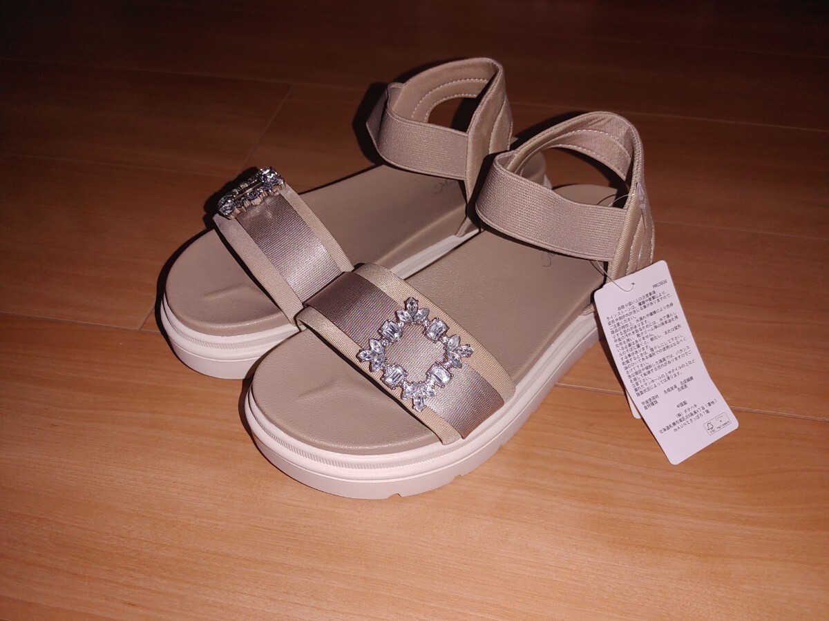 ◆新品◆ビジュー ビーズ 靴 サンダル◆L サイズ 24 ㎝ ベージュ_画像1