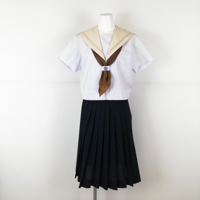 1円 セーラー服 スカート スカーフ 上下3点セット 大きいサイズ 夏物 ベージュ1本線 学生服 大阪東雲中学 白 制服 ランクC NA5653