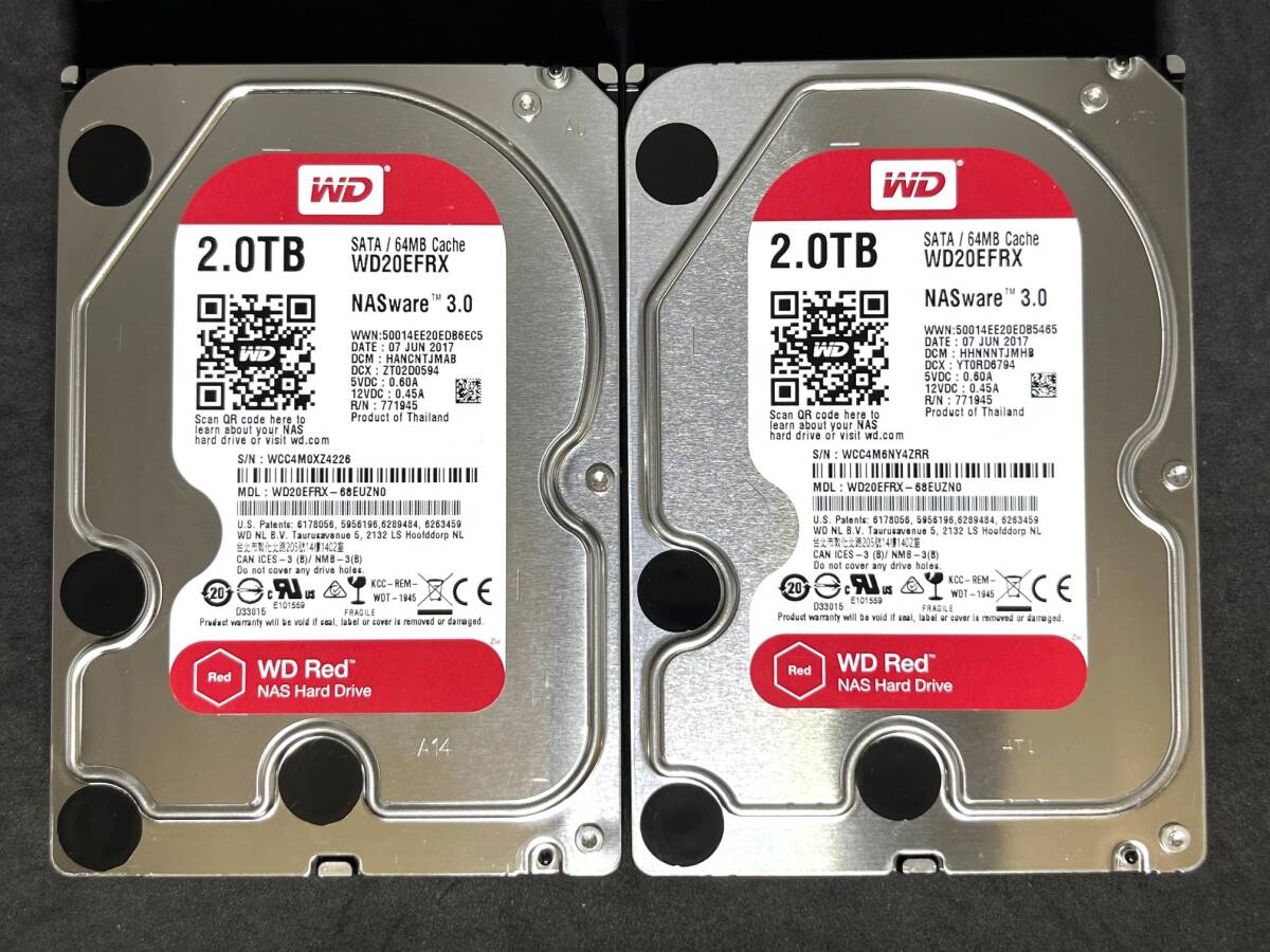 ★2個セット★ 2TB ★【使用時間：227ｈ＆228ｈ】 稼働少　WD20EFRX / Western Digital Red　AVコマンド対応　WD　3.5インチ 内蔵HDD　2台