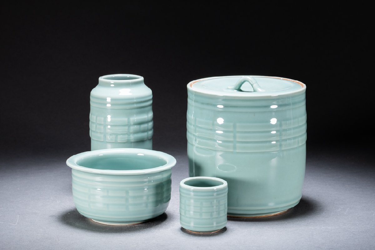 茶道 皆具 平安 静山 清】京焼「平安・富田静山」作 青磁算木 皆具四点揃い 茶道具