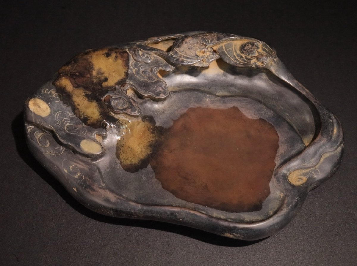 古美術 中国清時代の墨 文房用具 激安骨董品 DE664B12-1 清】某収集家放出品 時代物 在銘 巻雲紋文房硯 古端渓 水巌 書