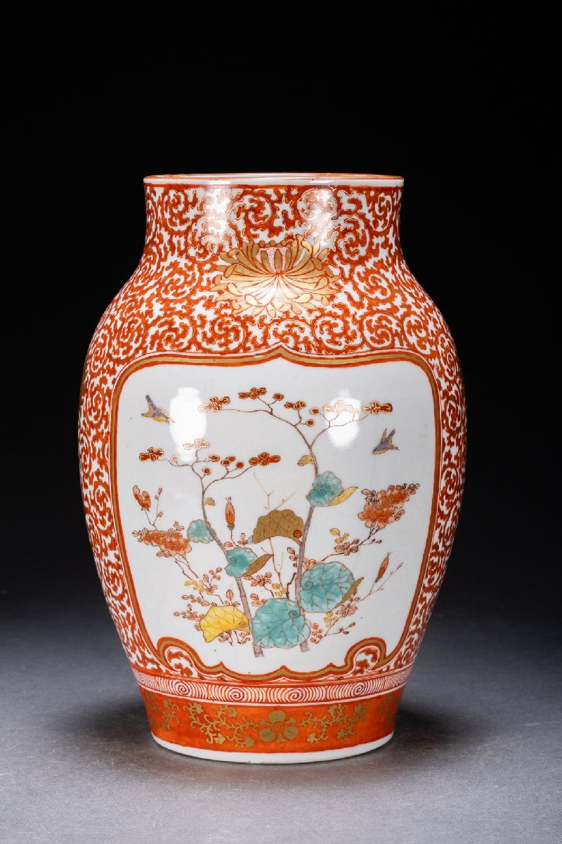 幕末~明治時代九谷花瓶 清】九谷焼 明治時代 赤絵金彩花蝶図花瓶 花入 花生 和風
