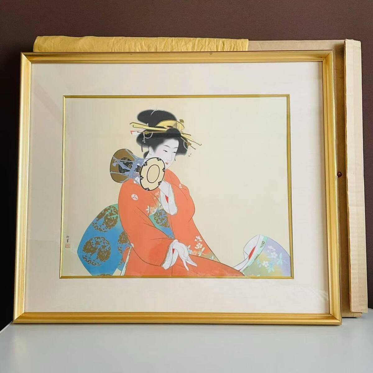 美品 上村松園「雪」シルクスクリーン 上村淳之監修 証明シール有 額縁入り 上村松園 鼓の音 シルクスクリーン 版上サイン 上村淳之監修