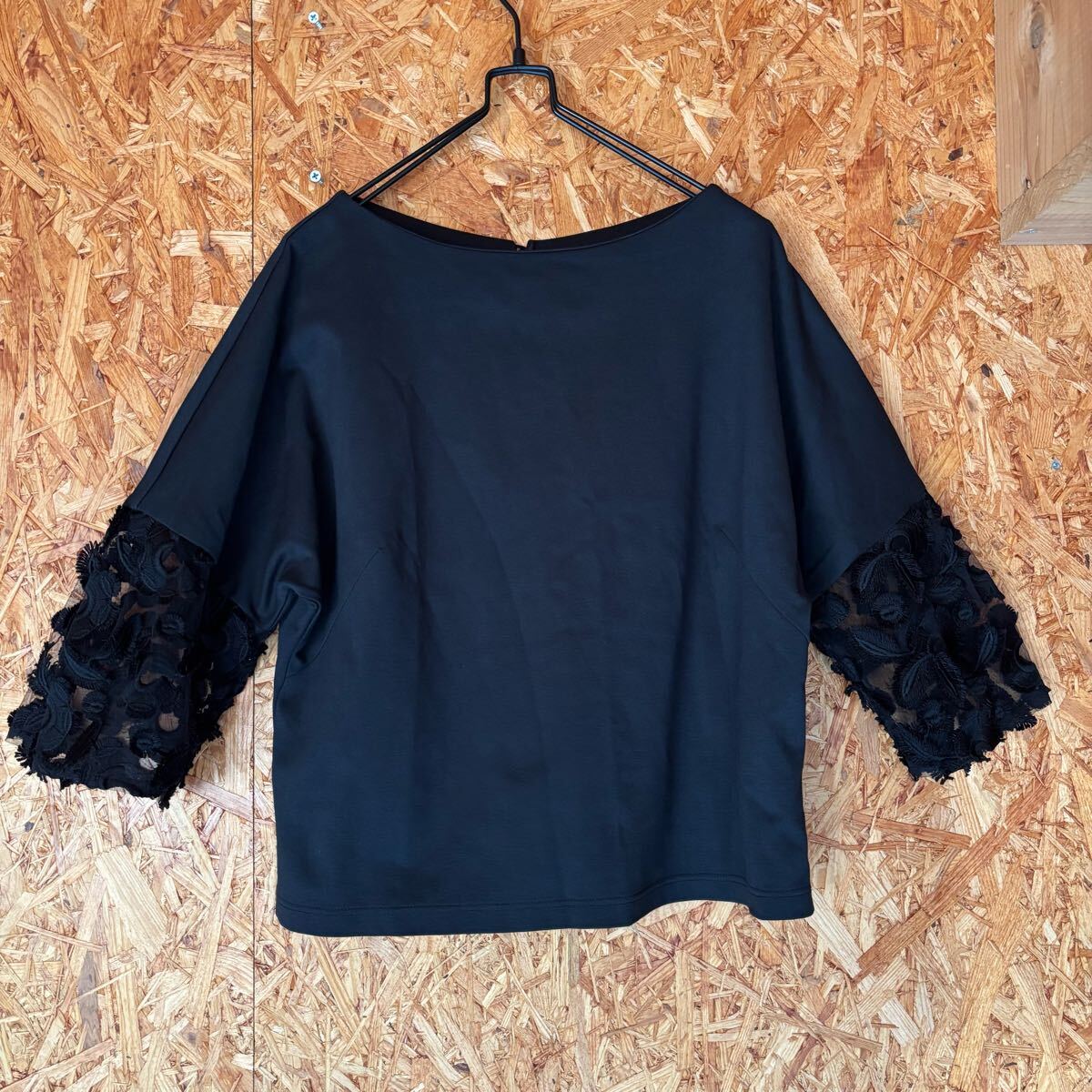 美品 perle peche 日本製 袖レース ブラック 七分袖カットソー レディース トップス 4822_画像1