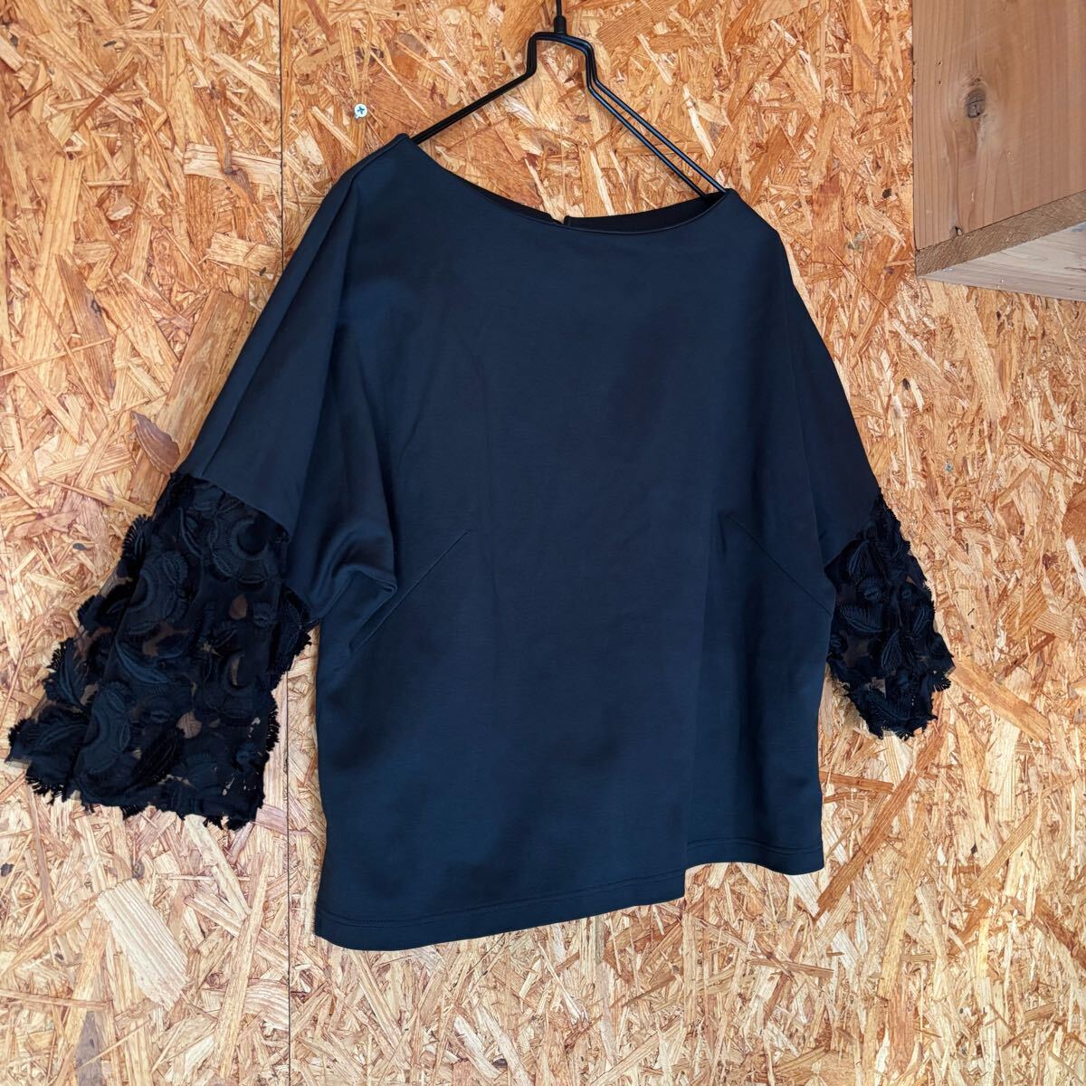 美品 perle peche 日本製 袖レース ブラック 七分袖カットソー レディース トップス 4822_画像2
