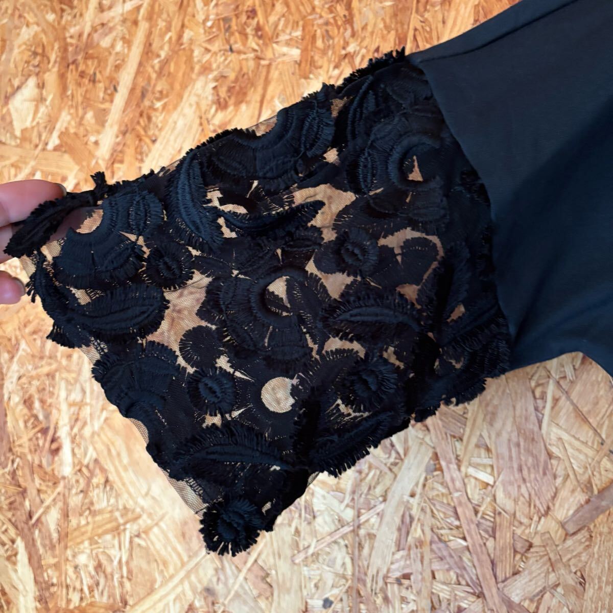 美品 perle peche 日本製 袖レース ブラック 七分袖カットソー レディース トップス 4822_画像3