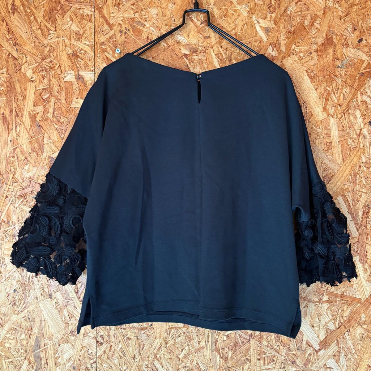 美品 perle peche 日本製 袖レース ブラック 七分袖カットソー レディース トップス 4822_画像4