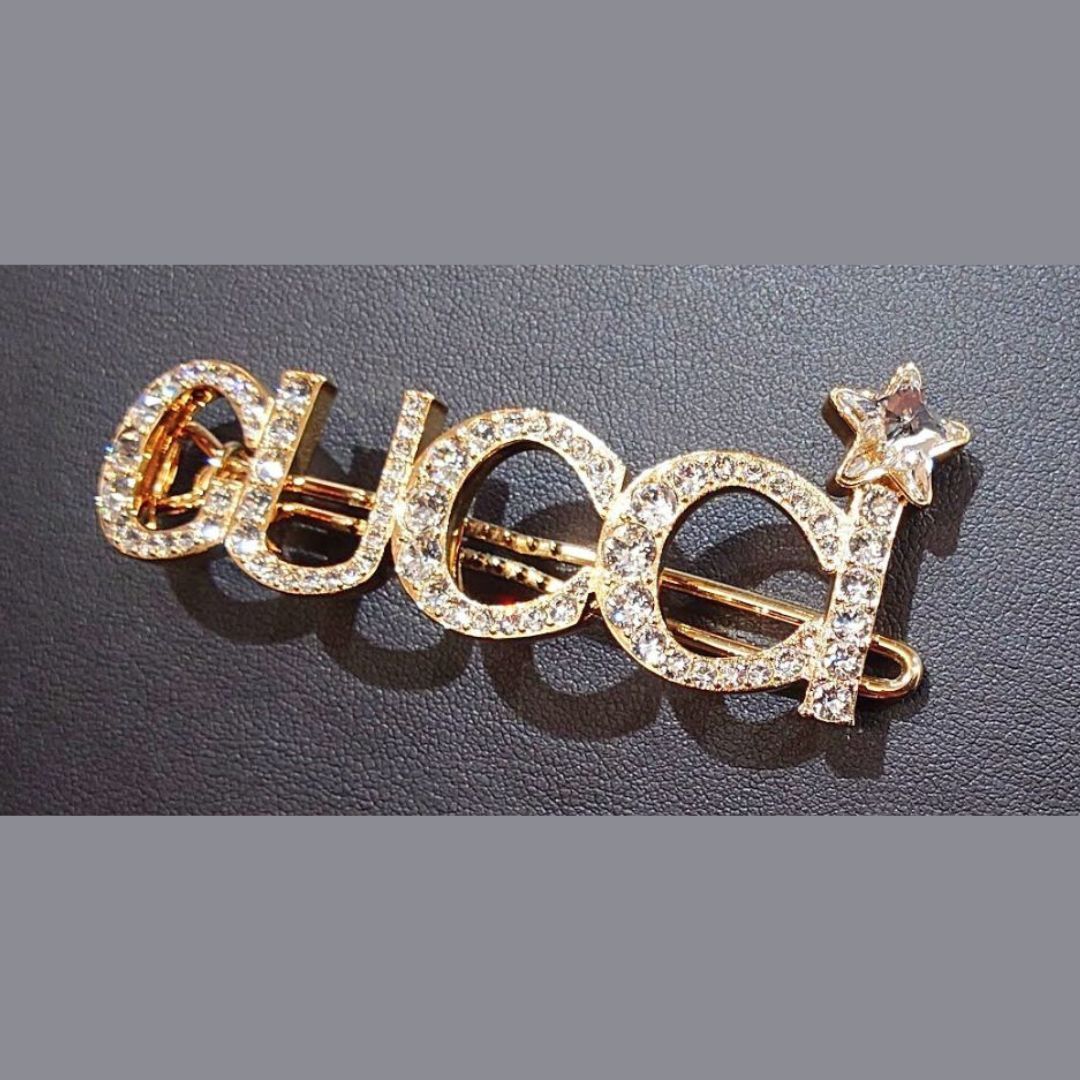 Gucci ロゴ装飾ヘアクリップ 鑑定済】GUCCI グッチ ロゴ クリスタル ビジュー ラインストーン