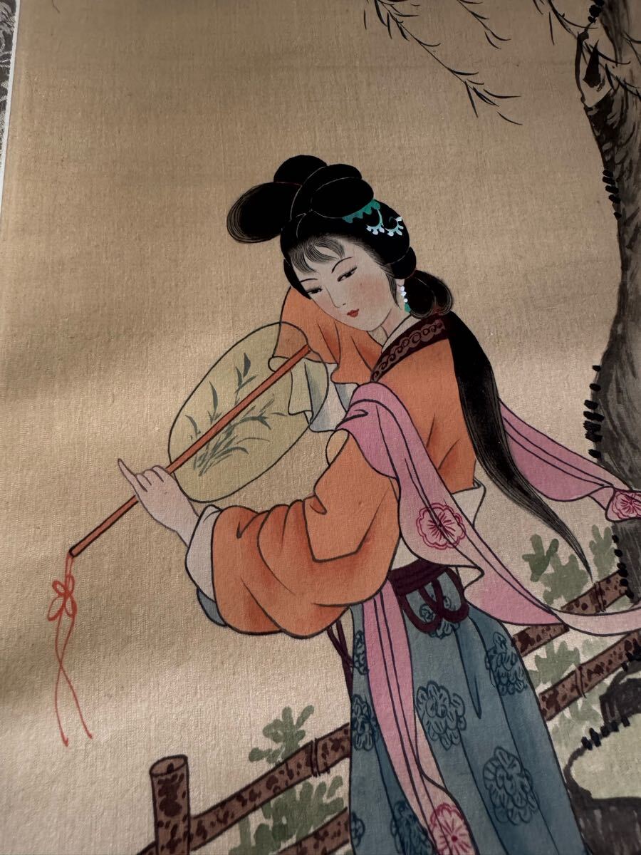中国古美術・字画三尺仕女人物掛軸・水彩画・唐寅印款・書道品・絹本・仕女画・肉筆 絹本仕女屏條 四本掛け軸 巻物 掛軸 書 美術品 古文書 和本 重要