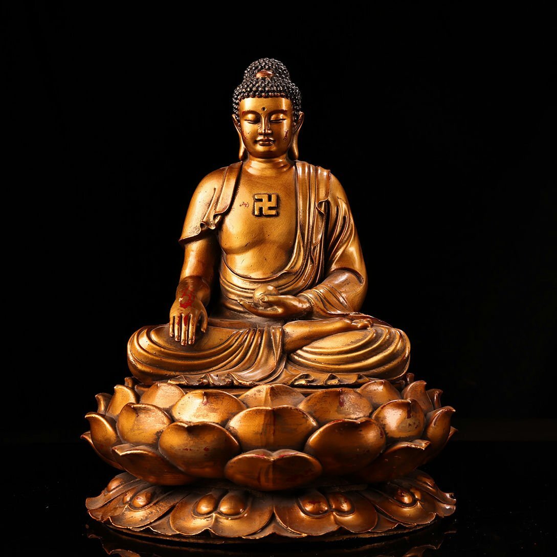 仏像,古銅製,時代物,辟邪,招財,細工細作,高2⃣️0⃣️.5⃣️cm,重1660克 □観心・時代旧蔵□C3997清時代 銅製高浮彫鏨刻彩絵描金如来仏祖