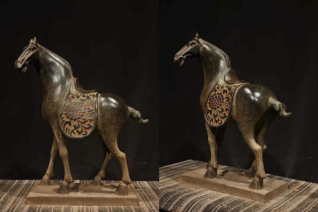 石製 馬の彫刻 茶色と黒 □観心・時代旧蔵□K5877唐時代 青石彩絵石馬 青石細密彫☆古