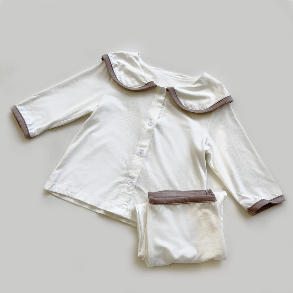 ☆ オフホワイト ☆ 110cm ☆ キッズ パジャマ 長袖 ルームウェア 襟付き yskf5733 パジャマ キッズ 長袖 上下セット_画像1