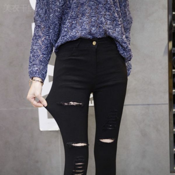 ダメージスキニーパンツ XL 穴あき ブラック ストレッチ パンツ ハイウエスト スキニー ズボン 可愛い ストレッチ デニム ジーンズ