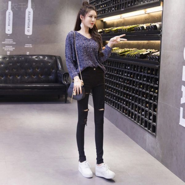 ダメージスキニーパンツ XL 穴あき ブラック ストレッチ パンツ ハイウエスト スキニー ズボン 可愛い ストレッチ デニム ジーンズ