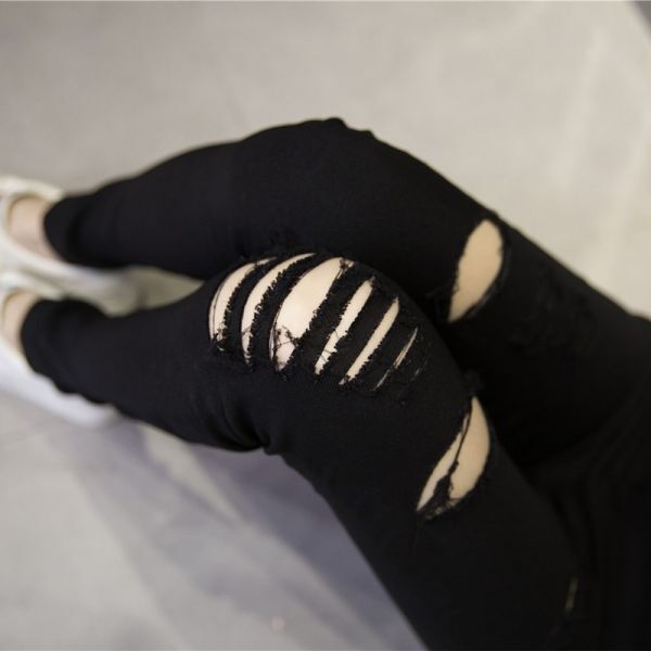 ダメージスキニーパンツ XL 穴あき ブラック ストレッチ パンツ ハイウエスト スキニー ズボン 可愛い ストレッチ デニム ジーンズ
