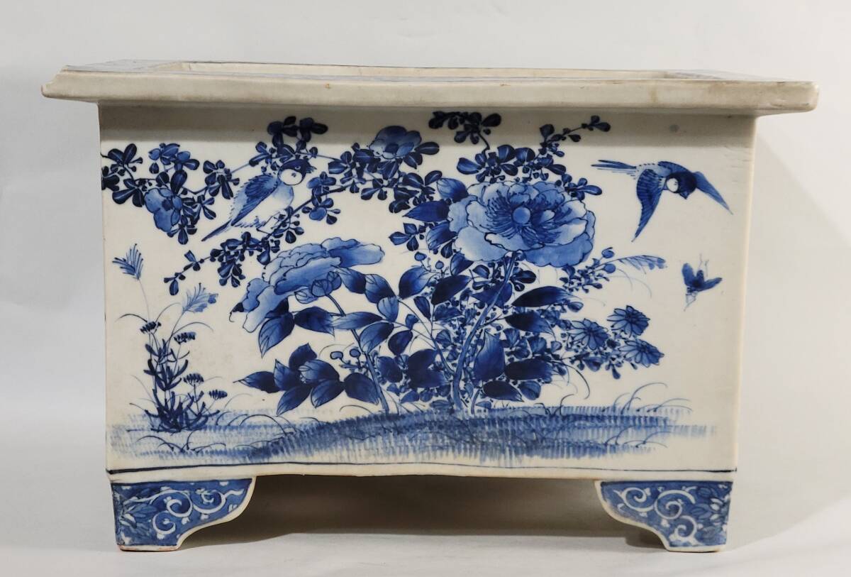 尾張焼 花鉢 梅 古美術 古美術柳 尾張焼 染付 花鳥虫文 長四方盆栽鉢 明治時代 蘭鉢