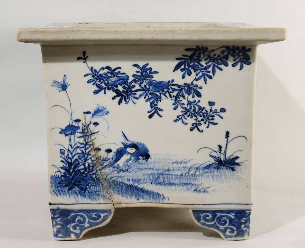 2609 中国骨董 花鳥文 鉢 植木鉢 時代物 古美術柳 尾張焼 染付 花鳥虫文 長四方盆栽鉢 明治時代 蘭鉢
