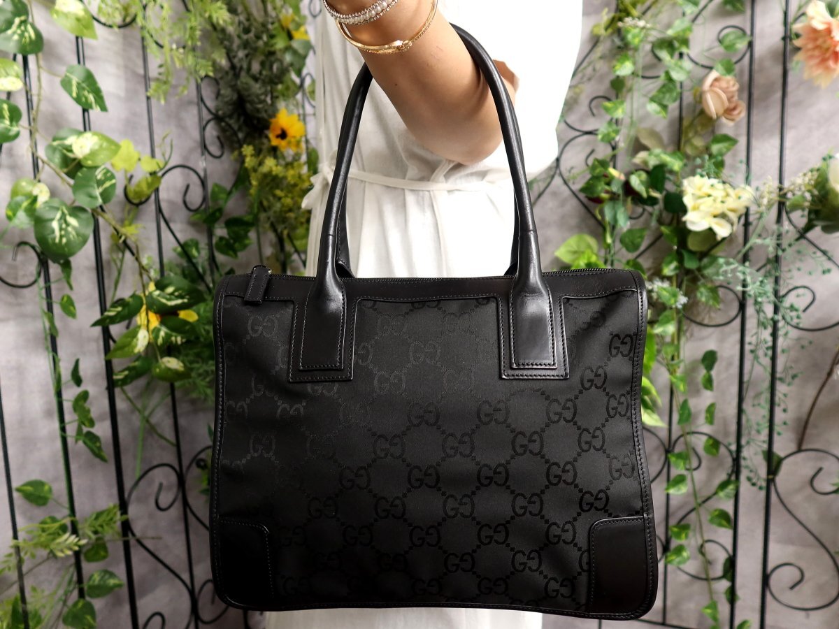 【美品】GUCCI レザー ナイロン トートバッグ ブラック イタリア製 ○超美品○GUCCI グッチ○GGナイロン カーフ レザー 本革