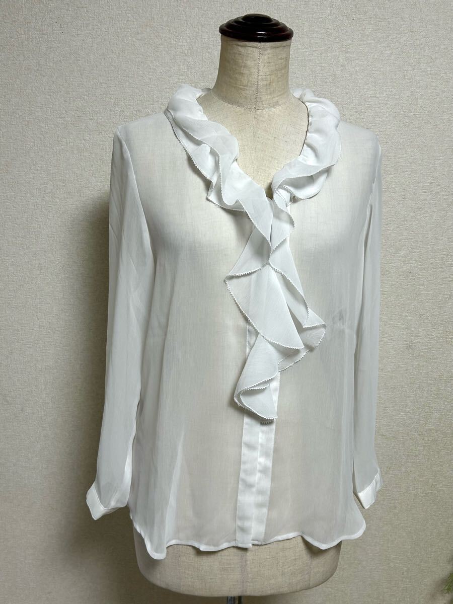 7980円【COMME CA ISM★コムサイズム】長袖シースルーブラウス・ホワイト・Lサイズ・送料180円_画像1