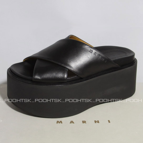 MARNI マルニ レザー エンボス ロゴ クロス アッパー プラットフォーム フラットフォーム ウェッジソール サンダル 36ブラック