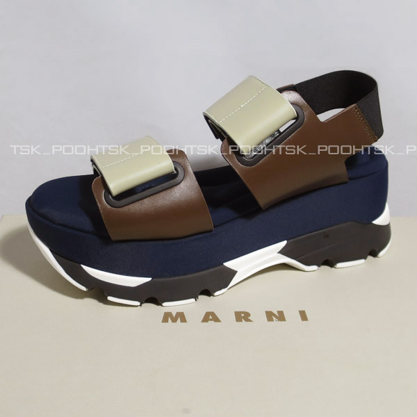 MARNI マルニ カラーブロック レザー ベルクロ スライド プラットフォーム ネオプレン ウェッジ ソール スニーカー サンダル37ネイビー_画像1