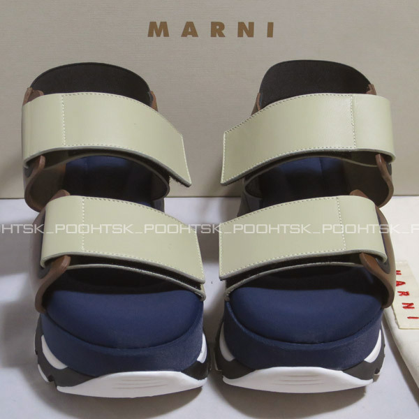 MARNI マルニ カラーブロック レザー ベルクロ スライド プラットフォーム ネオプレン ウェッジ ソール スニーカー サンダル37ネイビー_画像4