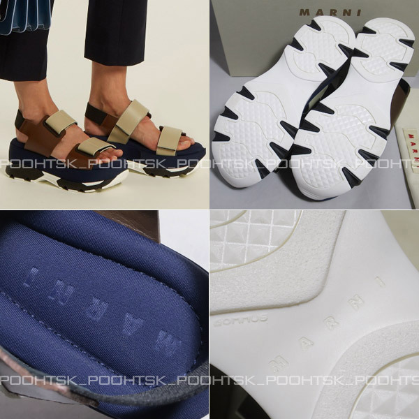 MARNI マルニ カラーブロック レザー ベルクロ スライド プラットフォーム ネオプレン ウェッジ ソール スニーカー サンダル37ネイビー_画像9