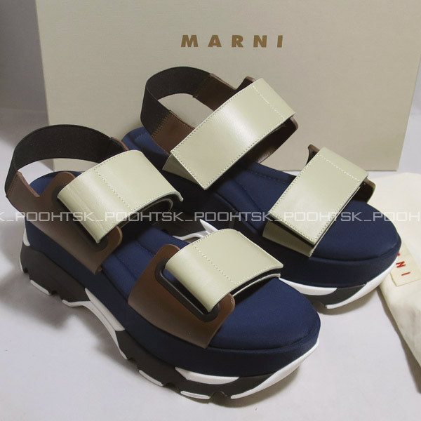 MARNI マルニ カラーブロック レザー ベルクロ スライド プラットフォーム ネオプレン ウェッジ ソール スニーカー サンダル37ネイビー_画像3