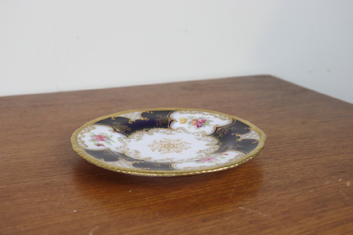 コールポート　バットウィング　プレート13.5cm　小皿　レア　デュオ　イギリス Coalport　コバルト　花柄　アンティーク　た149-2