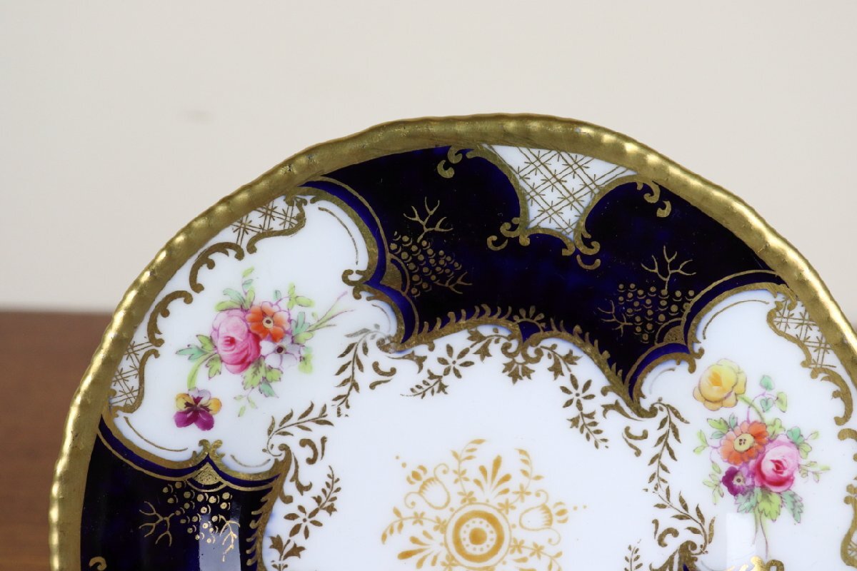 コールポート　バットウィング　プレート13.5cm　小皿　レア　デュオ　イギリス Coalport　コバルト　花柄　アンティーク　た149-2