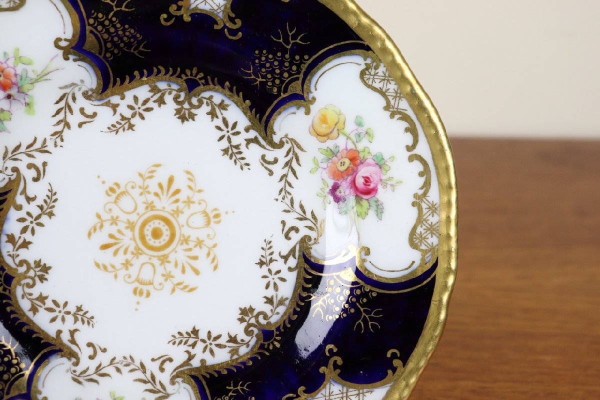 コールポート　バットウィング　プレート13.5cm　小皿　レア　デュオ　イギリス Coalport　コバルト　花柄　アンティーク　た149-2