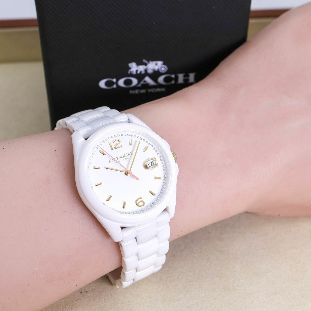 稼働 COACH 腕時計 ホワイト セラミック デイト ストーン 2158 稼働 COACH 腕時計 ホワイト セラミック デイト ストーン 2158