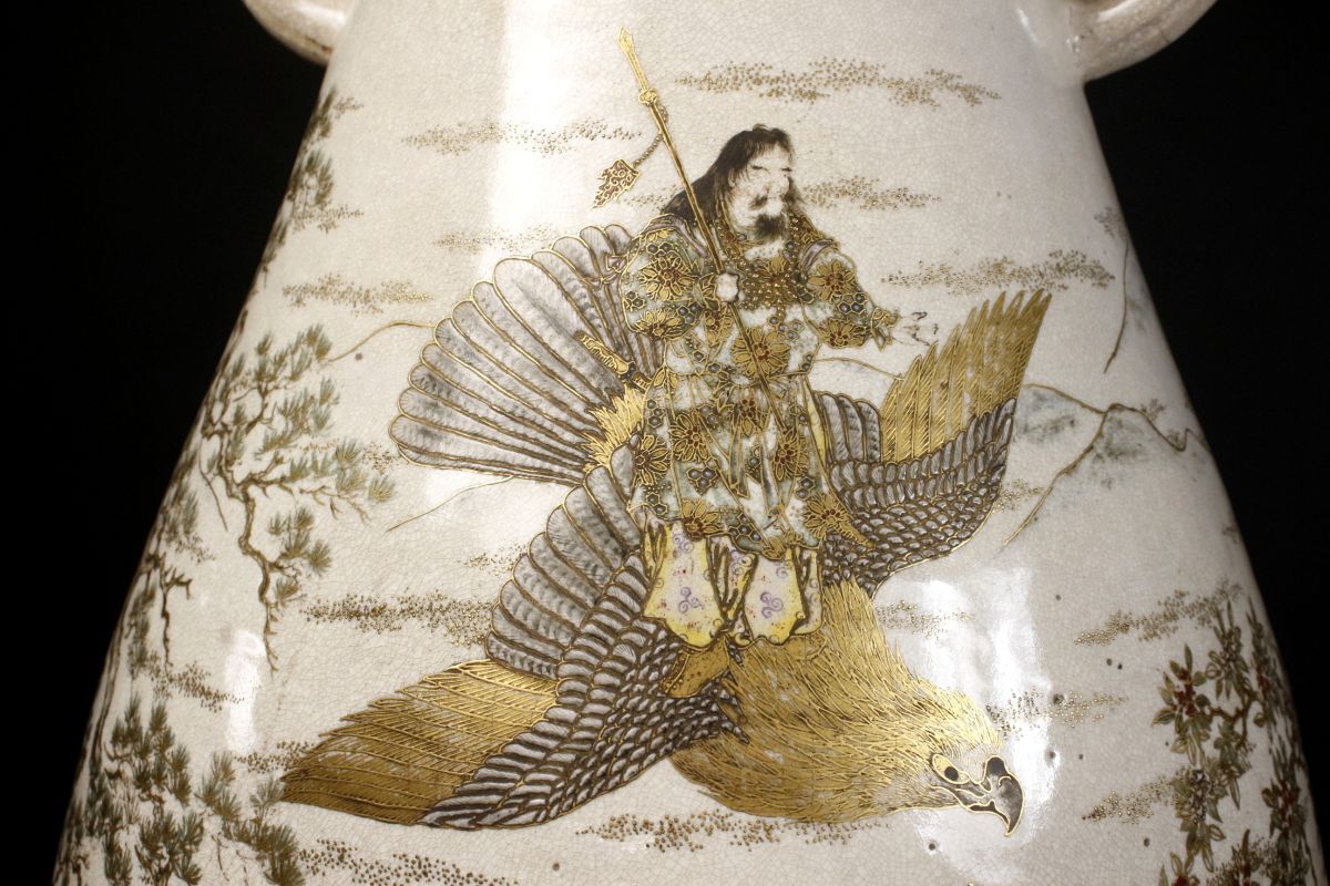 LIG】江戸時代末期 希少大型作品 薩摩焼 金襴手 獅子耳人物風景