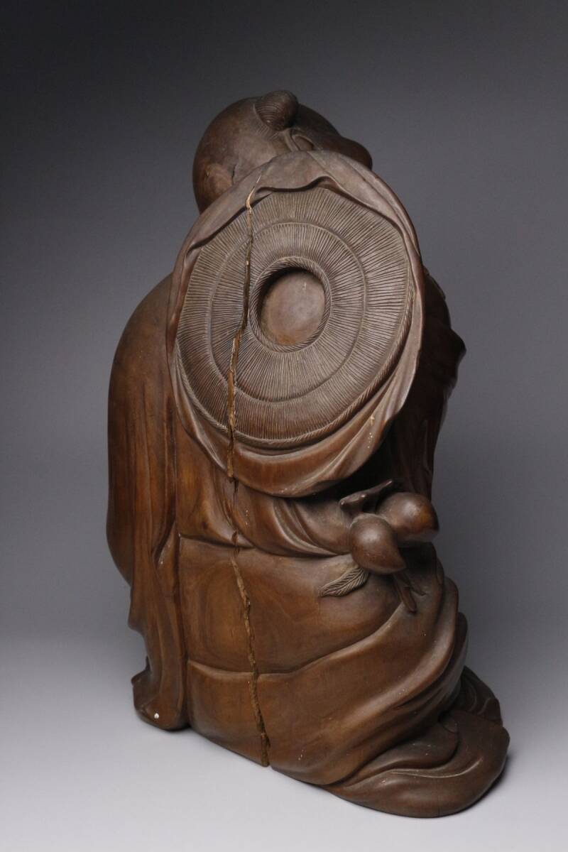 194『唐銅 指月 布袋像』 /骨董品 古美術 古玩 アンティーク LIG】中国美術 清時代 唐木 一本彫 布袋像 34㎝ 置物 時代古玩