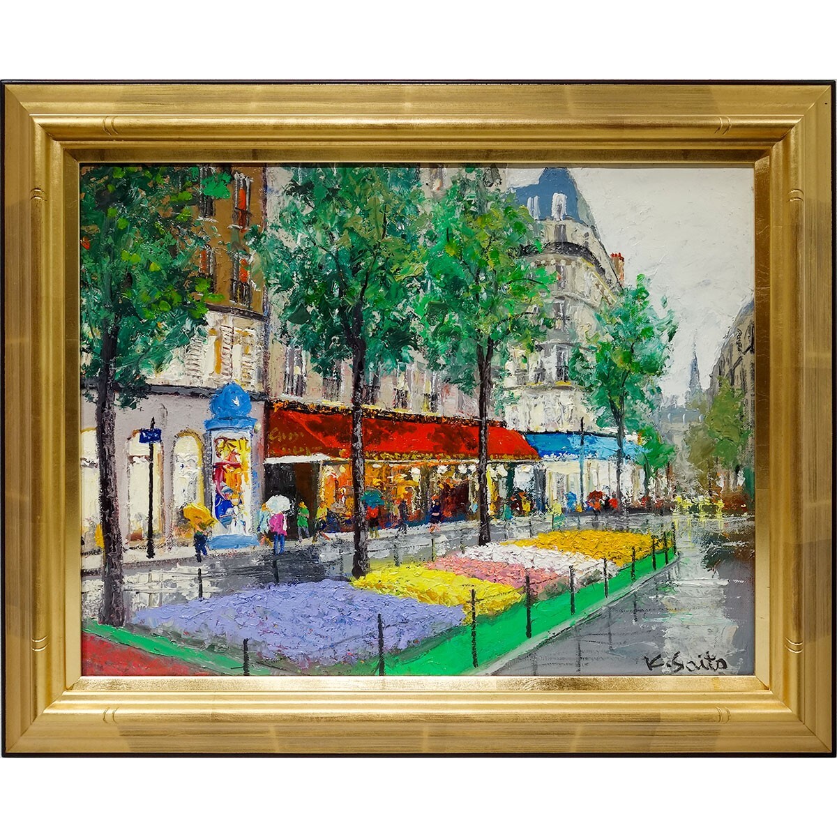 ☆斉藤要『パリの花屋（F6号）』油彩画 絵画